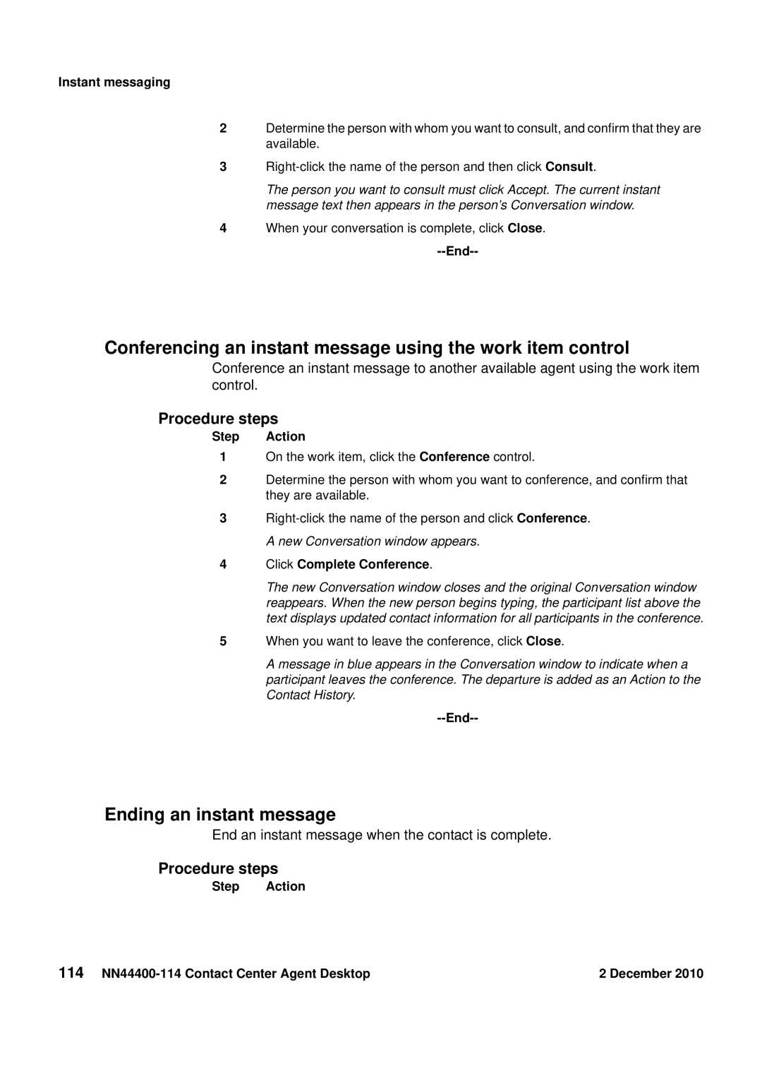 Avaya NN44400-114 manual Conferencing an instant message using the work item control, Ending an instant message 