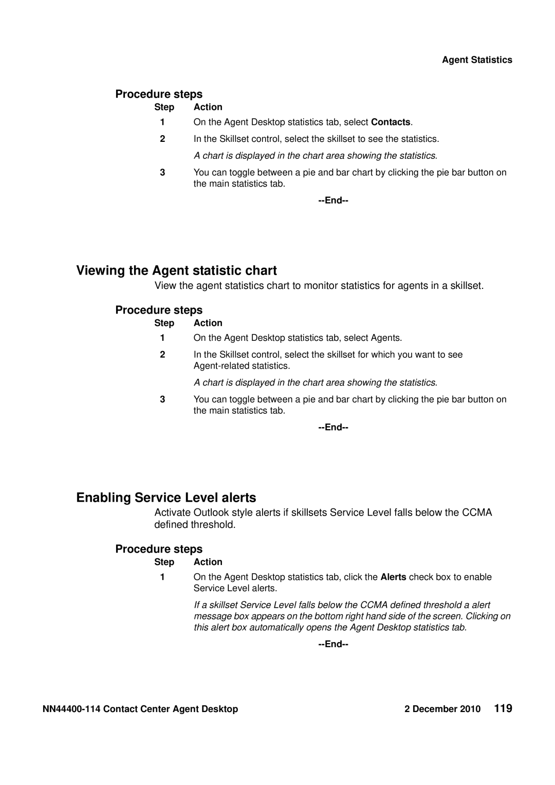 Avaya NN44400-114 manual Viewing the Agent statistic chart, Enabling Service Level alerts 