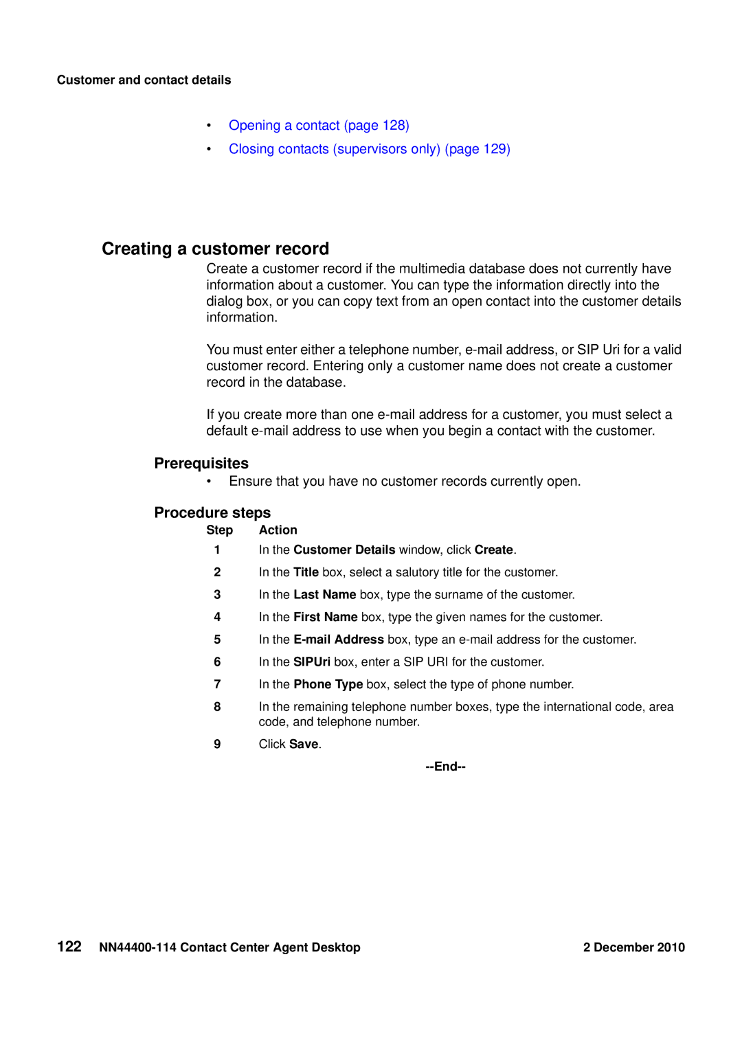 Avaya NN44400-114 manual Creating a customer record, Customer and contact details 