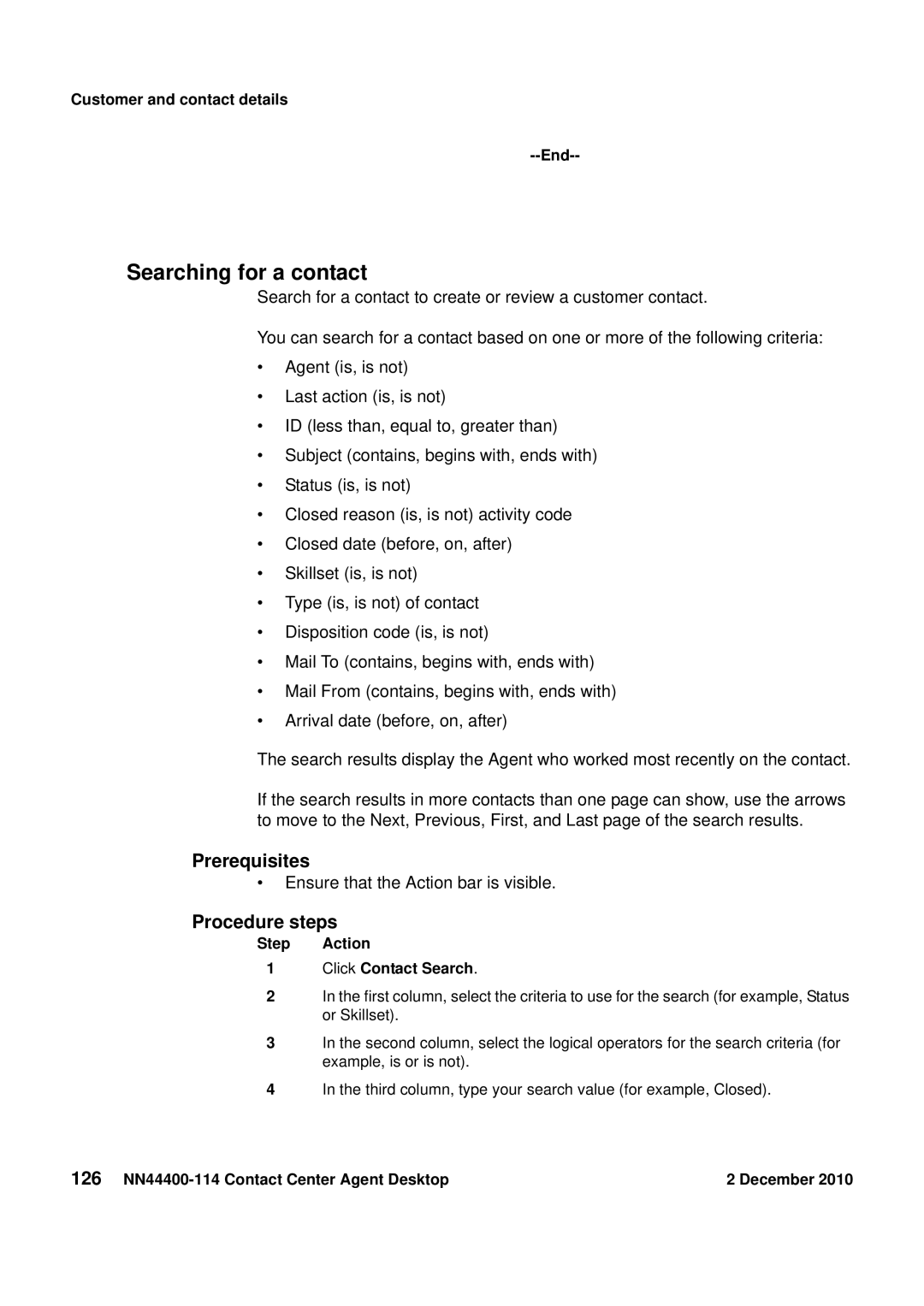 Avaya NN44400-114 manual Searching for a contact, Customer and contact details End, Step Action Click Contact Search 