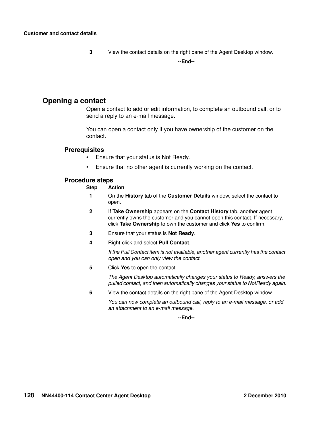 Avaya manual Opening a contact, End 128 NN44400-114 Contact Center Agent Desktop December 