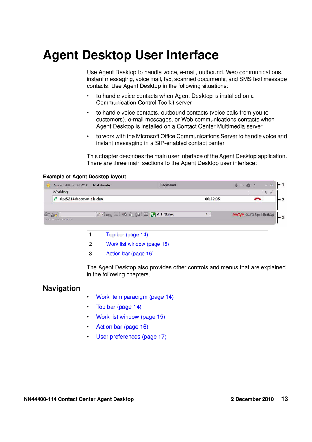 Avaya NN44400-114 manual Agent Desktop User Interface, Example of Agent Desktop layout 