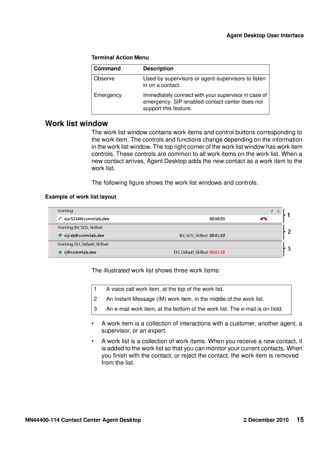 Avaya NN44400-114 manual Work list window, Terminal Action Menu, Command Description, Example of work list layout 