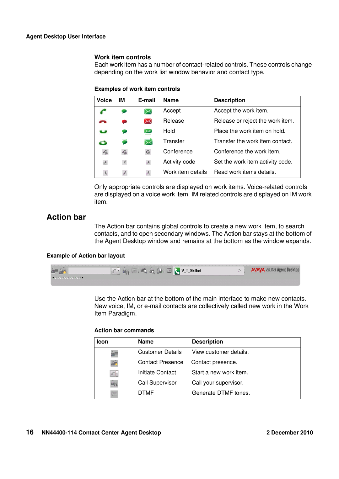 Avaya NN44400-114 manual Example of Action bar layout, Action bar commands Icon Name Description 