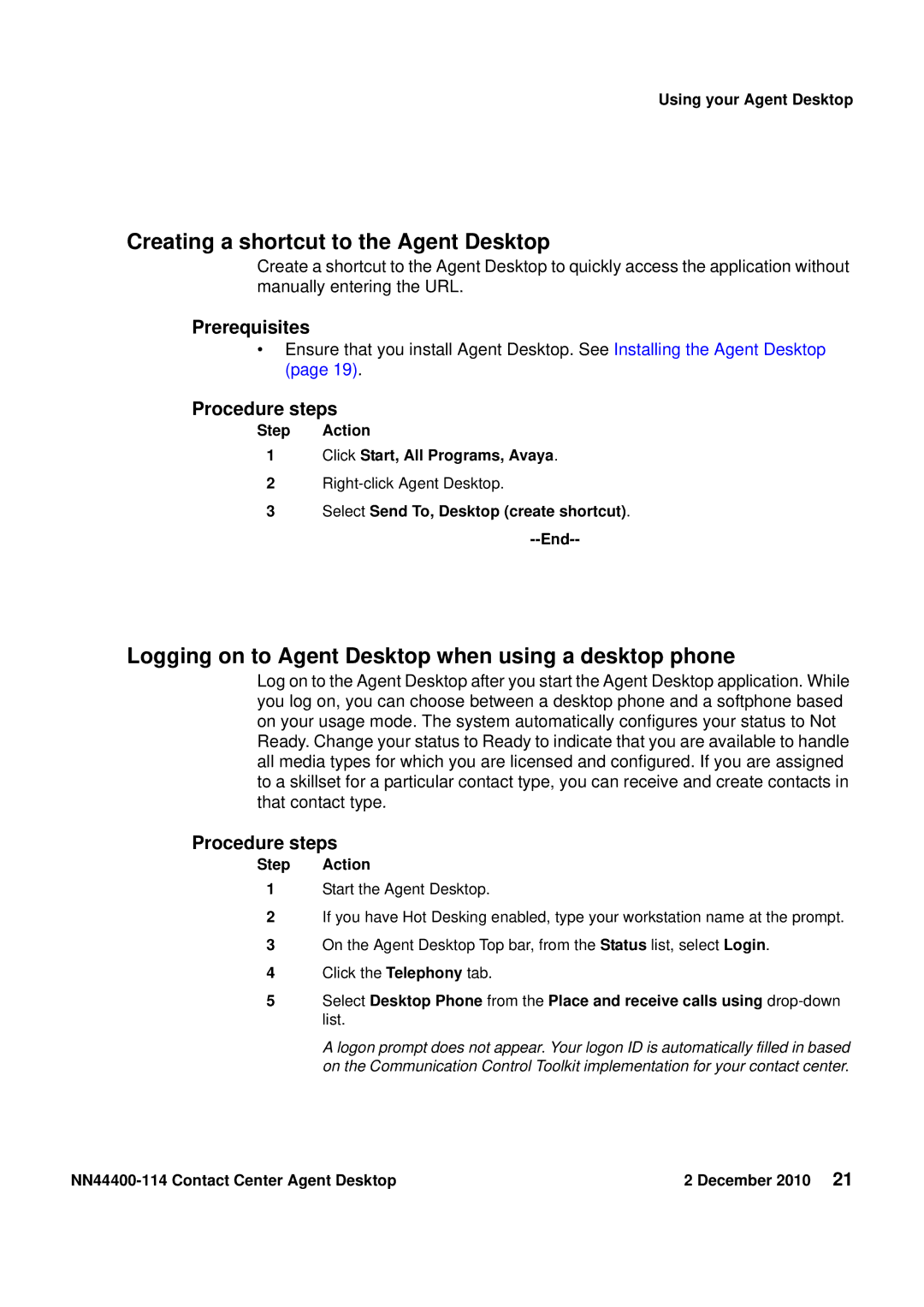 Avaya NN44400-114 manual Creating a shortcut to the Agent Desktop, Logging on to Agent Desktop when using a desktop phone 