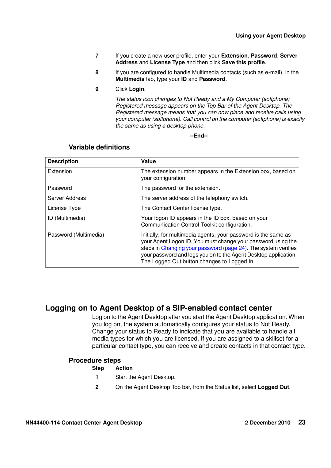 Avaya NN44400-114 manual Logging on to Agent Desktop of a SIP-enabled contact center 