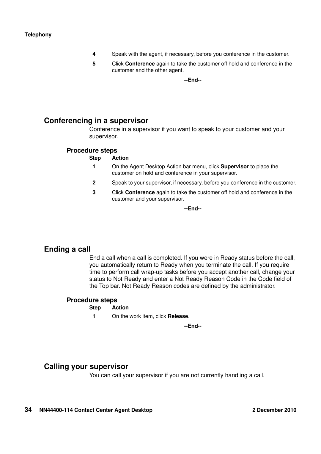 Avaya NN44400-114 manual Conferencing in a supervisor, Ending a call, Calling your supervisor 