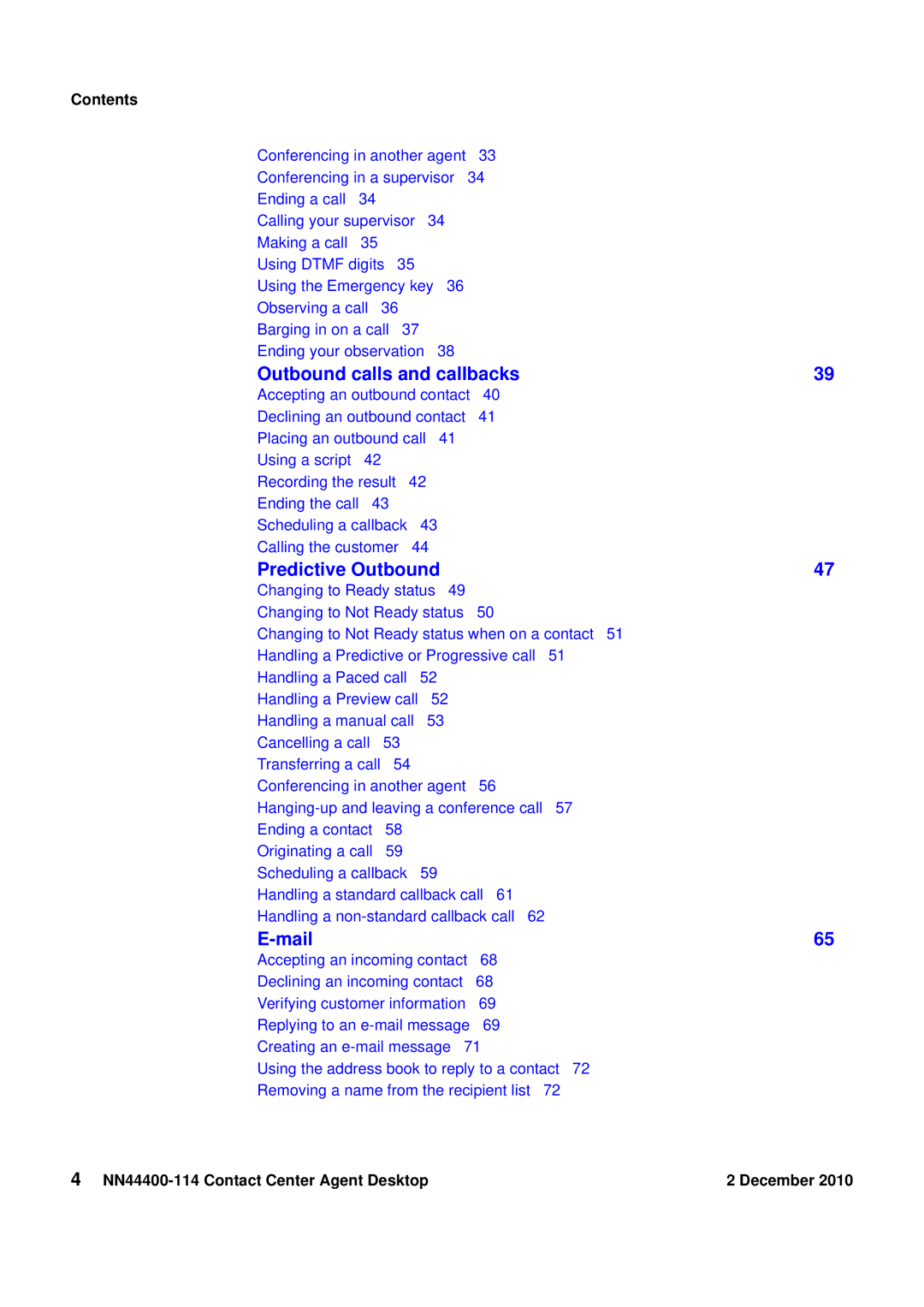 Avaya manual Contents, NN44400-114 Contact Center Agent Desktop December 