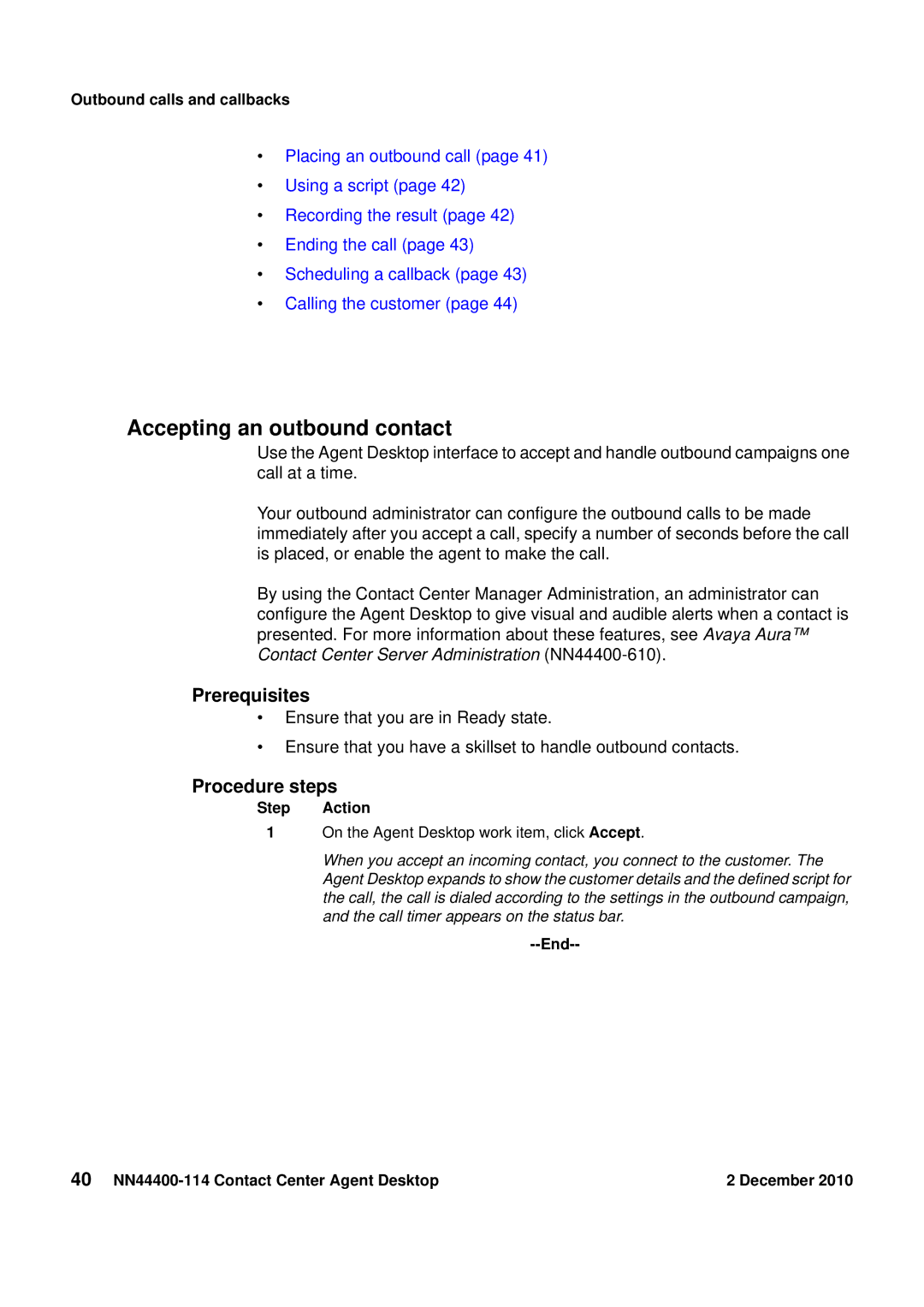 Avaya NN44400-114 manual Accepting an outbound contact, Outbound calls and callbacks 