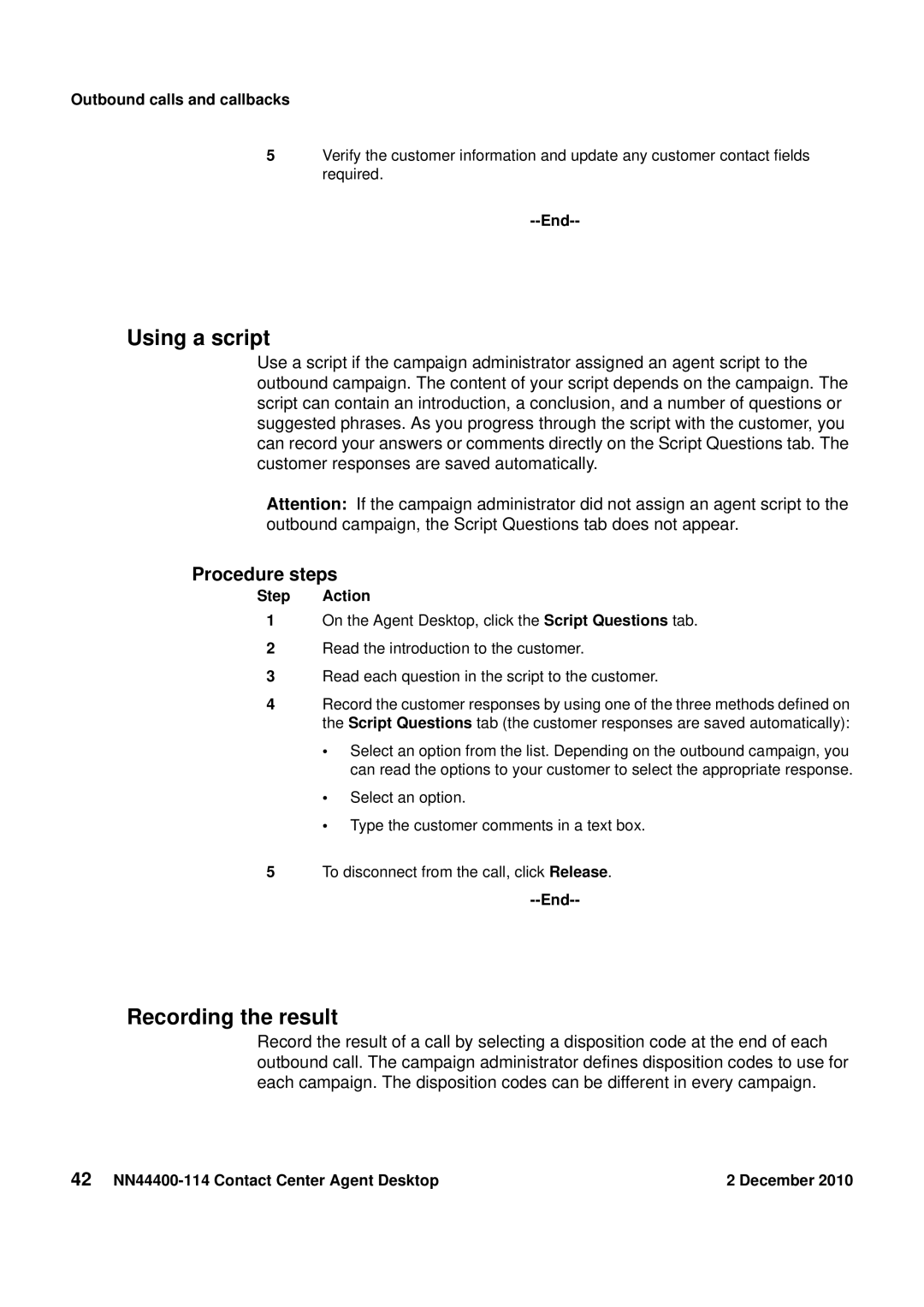 Avaya manual Using a script, Recording the result, 42 NN44400-114 Contact Center Agent Desktop December 