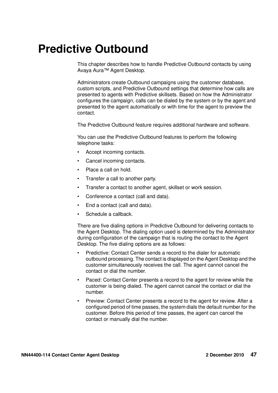 Avaya manual Predictive Outbound, NN44400-114 Contact Center Agent Desktop December 2010 