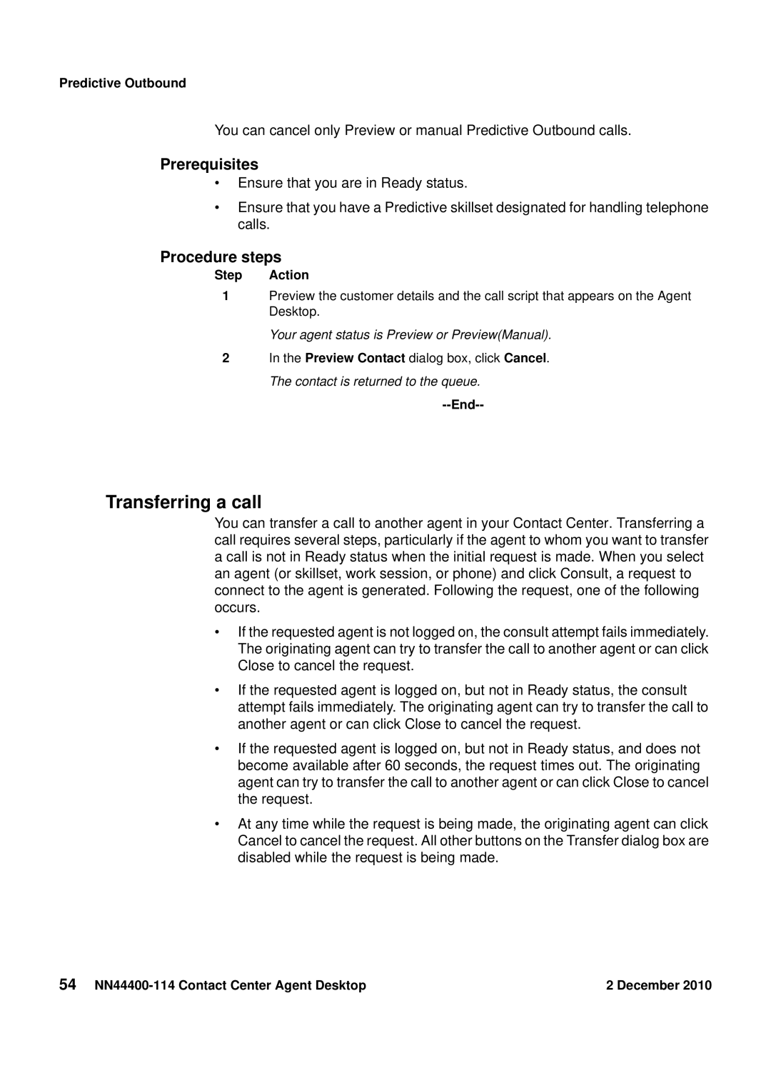 Avaya manual Transferring a call, 54 NN44400-114 Contact Center Agent Desktop December 