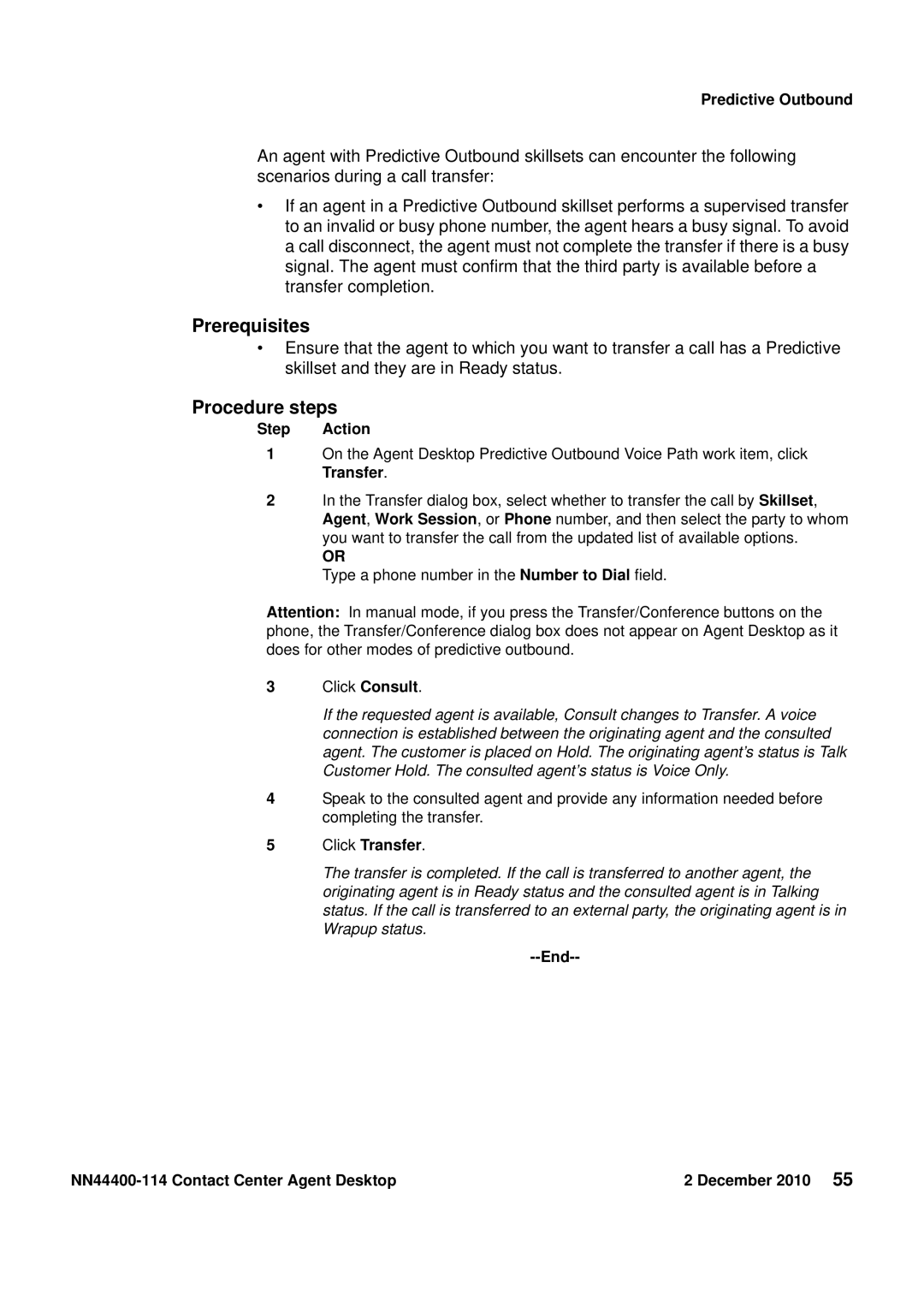 Avaya manual Click Transfer, End NN44400-114 Contact Center Agent Desktop December 2010 