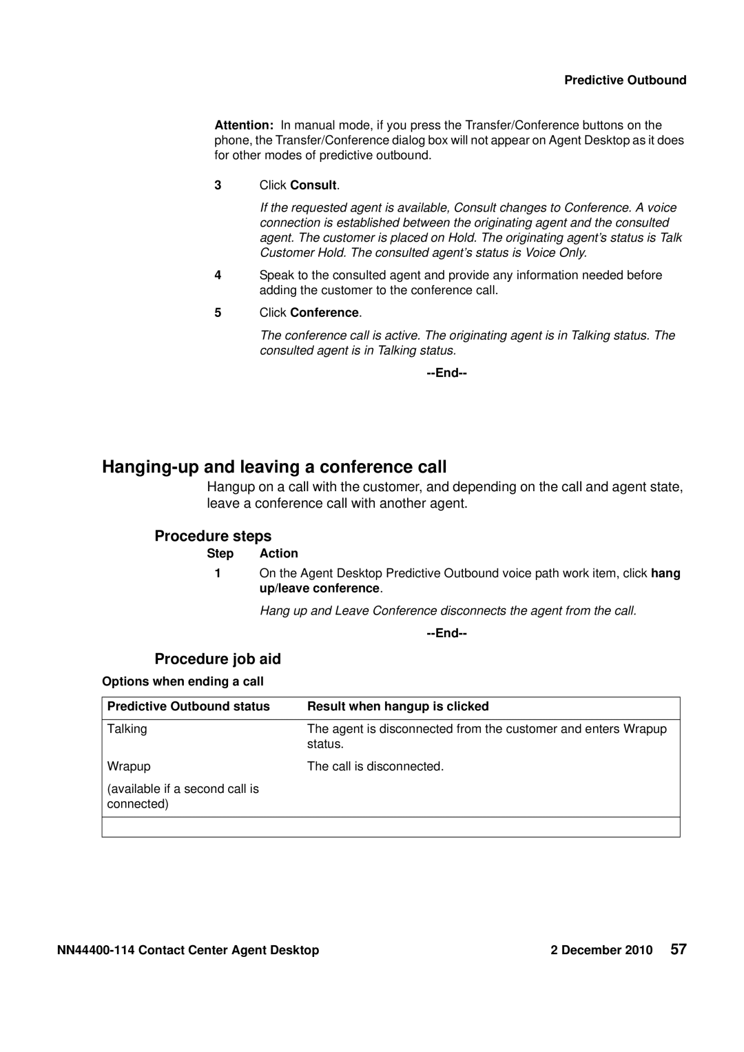 Avaya NN44400-114 manual Hanging-up and leaving a conference call, Click Conference 