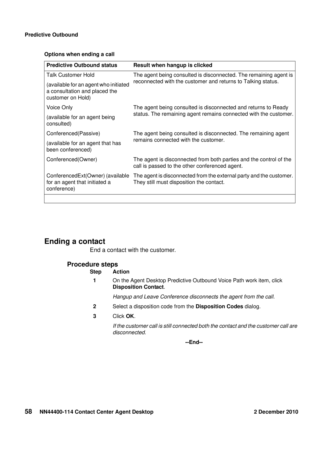 Avaya manual Ending a contact, End 58 NN44400-114 Contact Center Agent Desktop December 