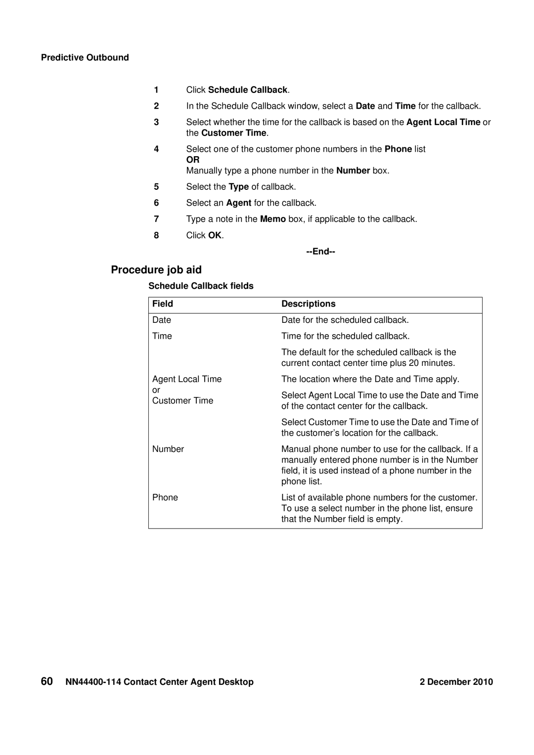 Avaya NN44400-114 manual Predictive Outbound Click Schedule Callback, Schedule Callback fields Field Descriptions 