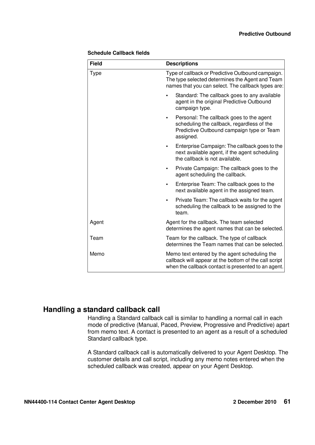 Avaya manual Handling a standard callback call, NN44400-114 Contact Center Agent Desktop December 2010 