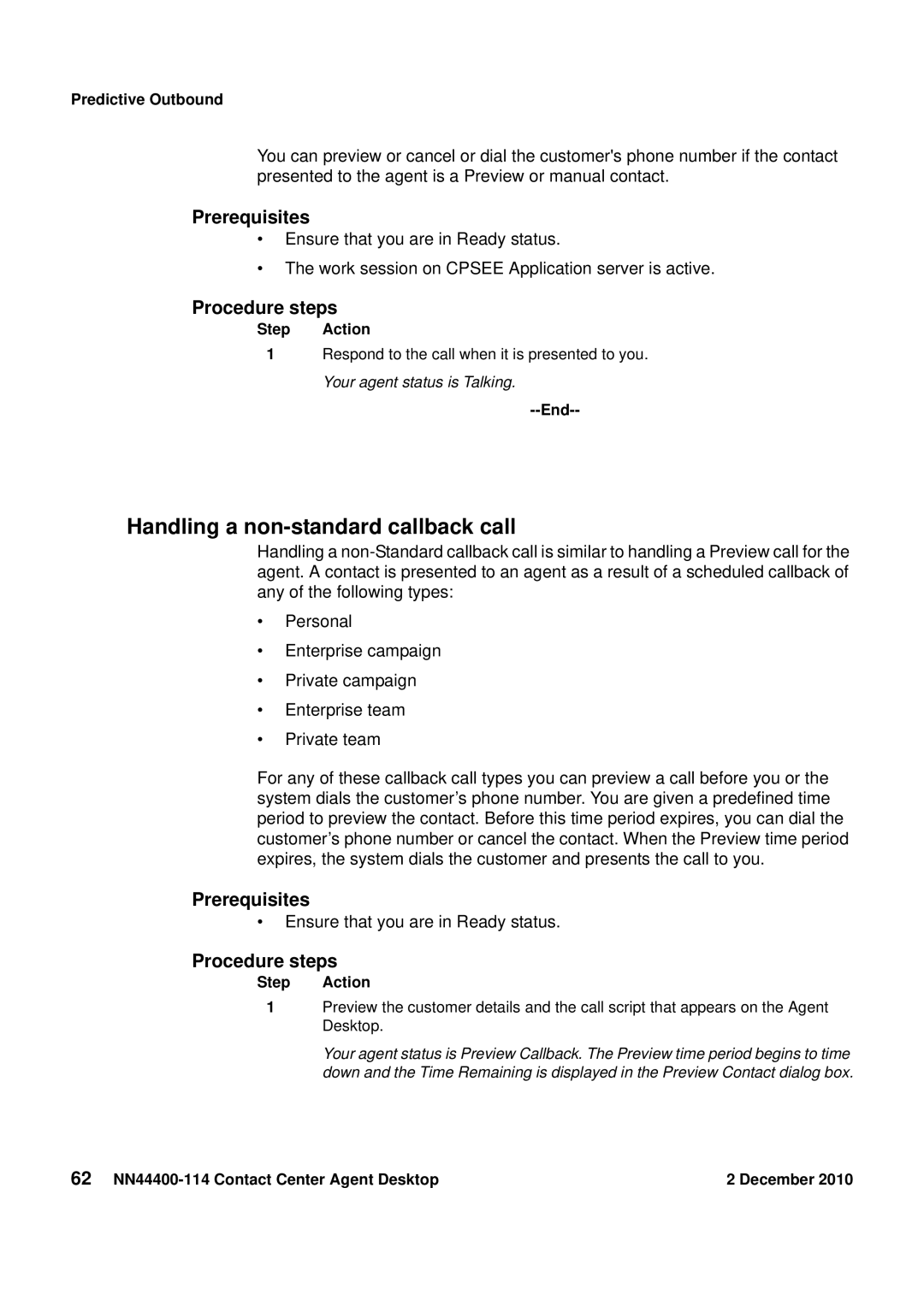 Avaya manual Handling a non-standard callback call, 62 NN44400-114 Contact Center Agent Desktop December 