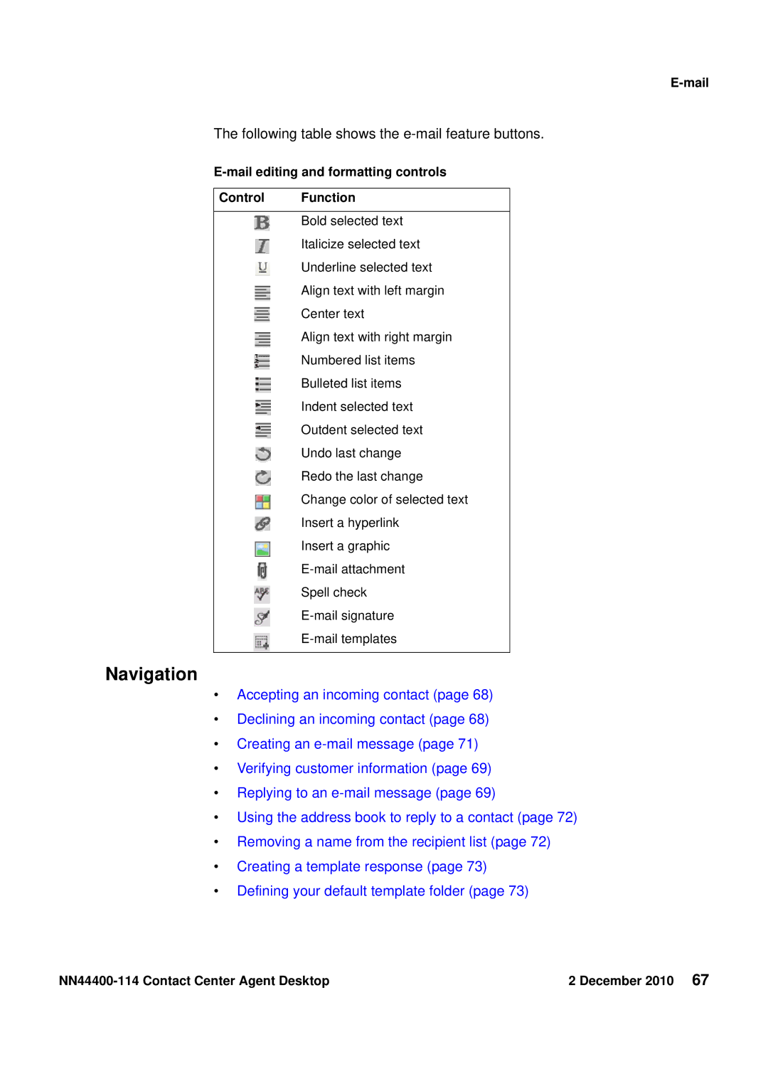 Avaya NN44400-114 Following table shows the e-mail feature buttons, Mail editing and formatting controls Control Function 