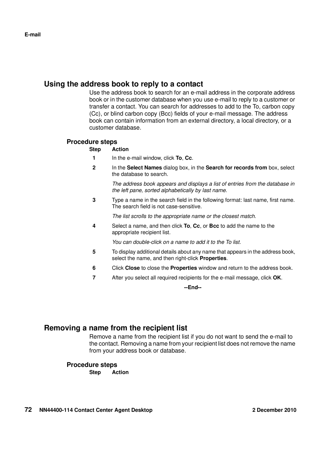 Avaya NN44400-114 manual Using the address book to reply to a contact, Removing a name from the recipient list 