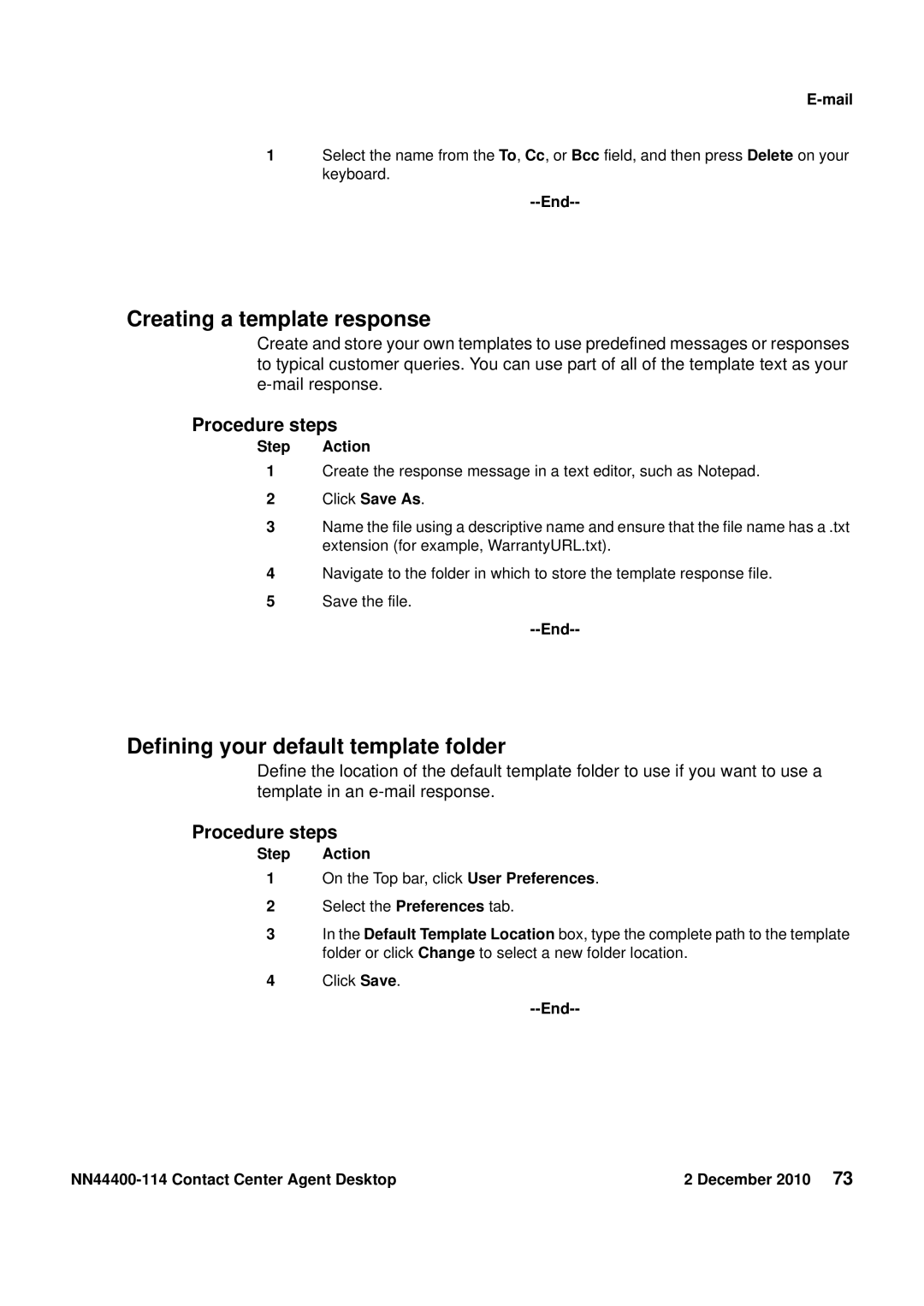 Avaya NN44400-114 manual Creating a template response, Defining your default template folder 