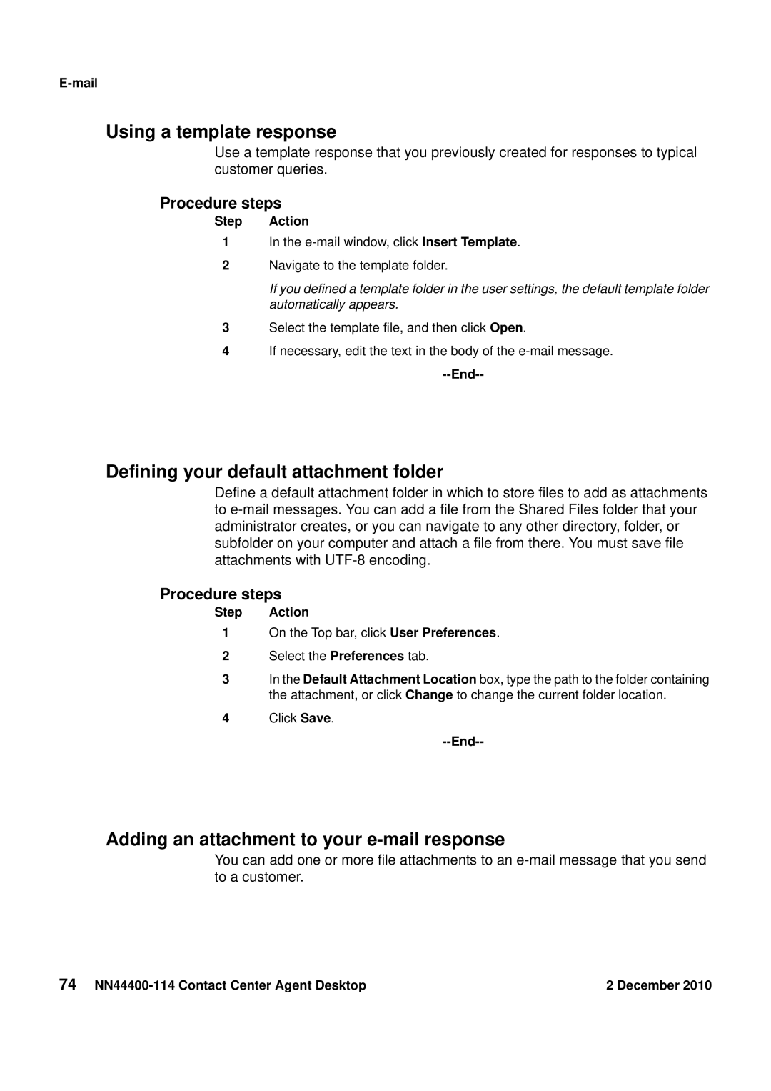 Avaya NN44400-114 manual Using a template response, Defining your default attachment folder 