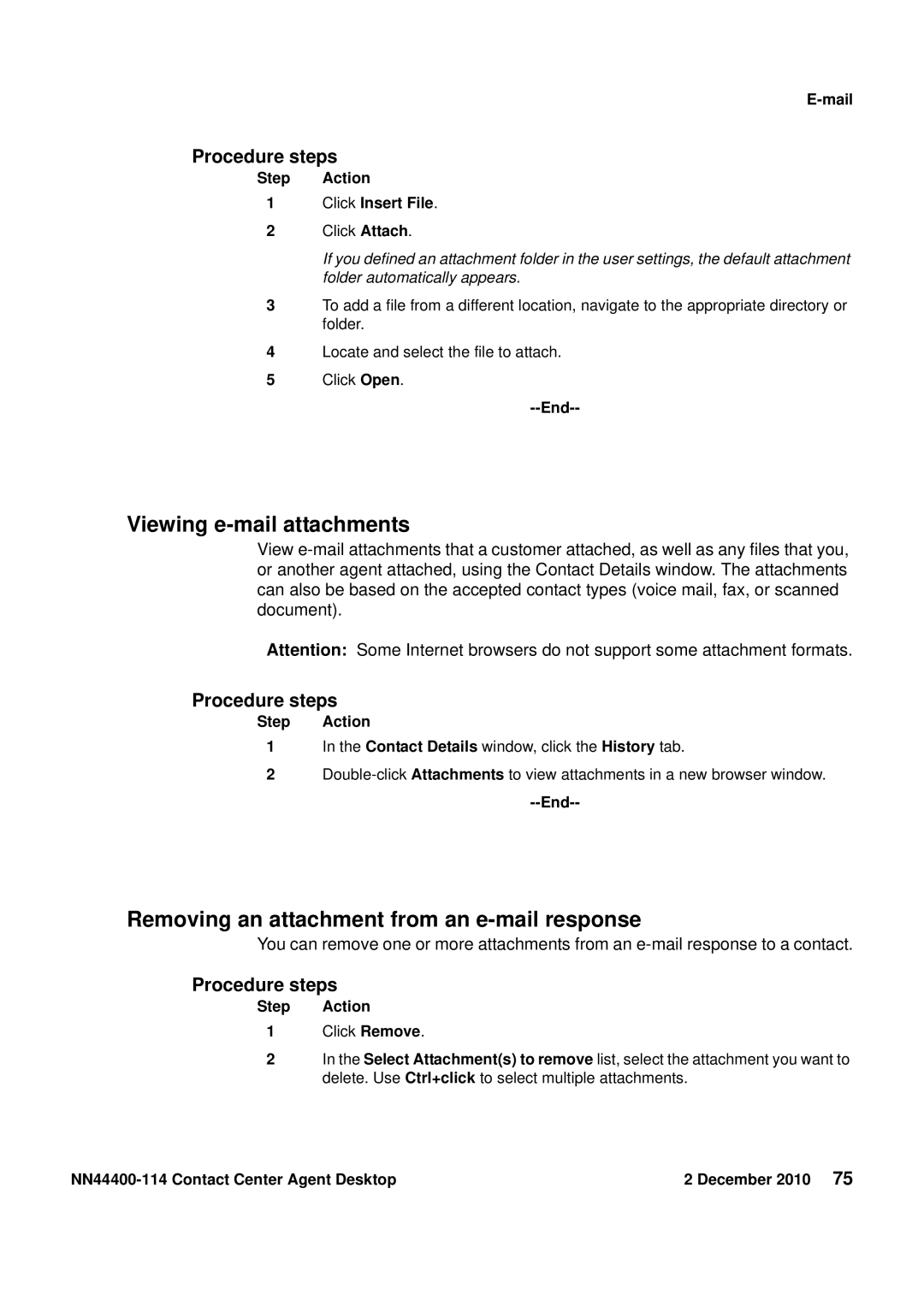 Avaya NN44400-114 manual Viewing e-mail attachments, Removing an attachment from an e-mail response 