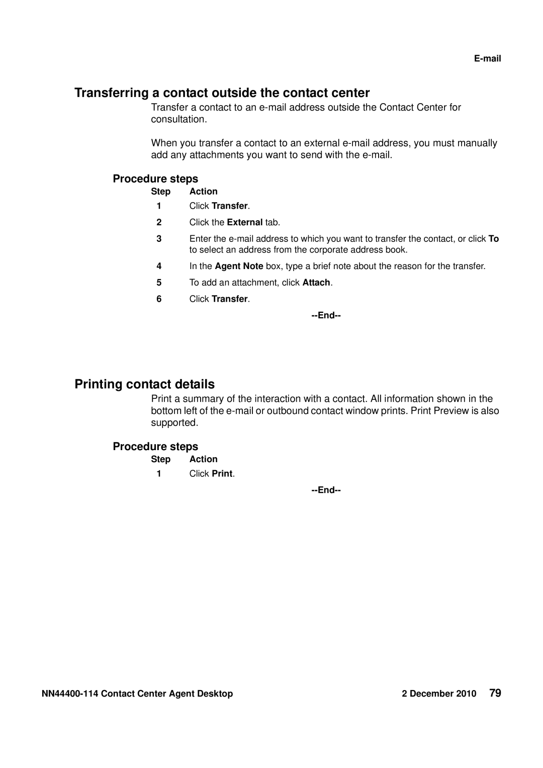 Avaya NN44400-114 manual Transferring a contact outside the contact center, Printing contact details, Click Transfer End 