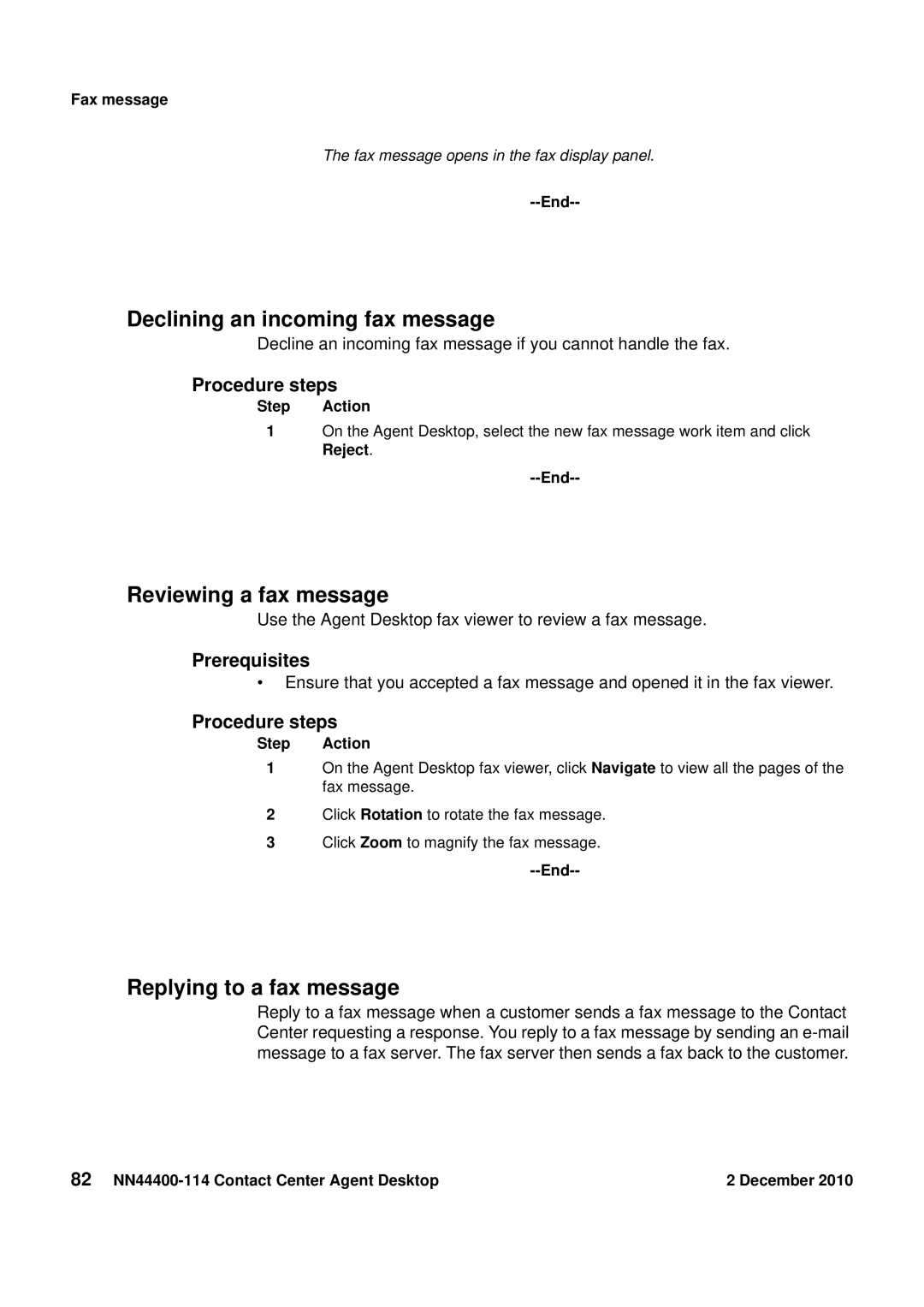 Avaya NN44400-114 manual Declining an incoming fax message, Reviewing a fax message, Replying to a fax message, Fax message 