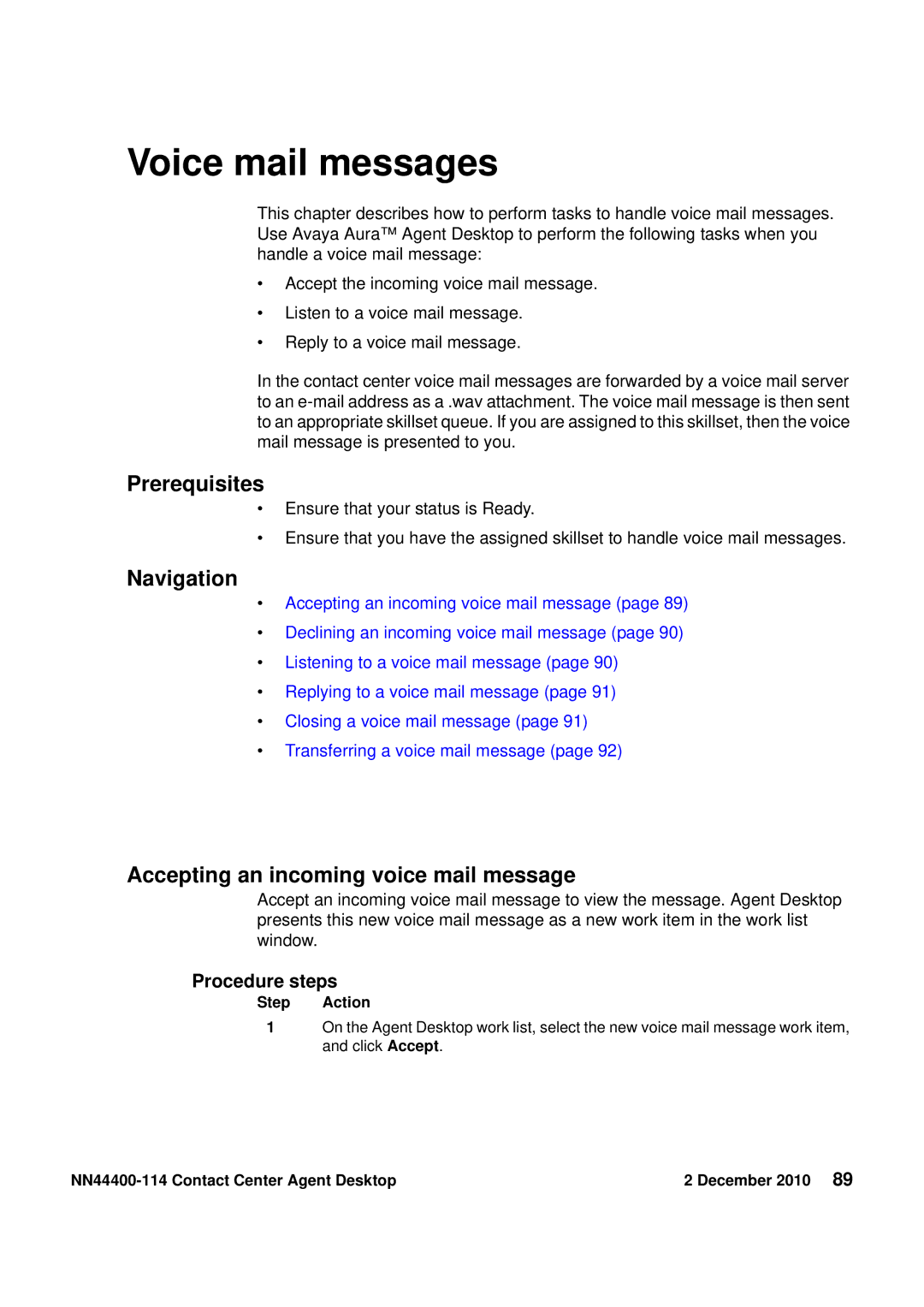 Avaya NN44400-114 manual Voice mail messages, Accepting an incoming voice mail message 