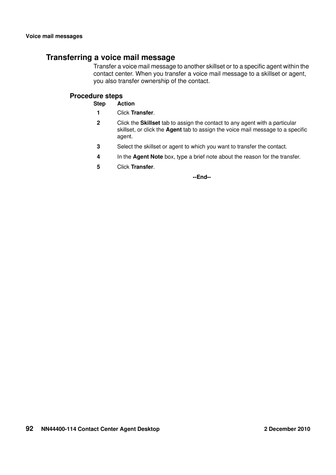 Avaya NN44400-114 manual Transferring a voice mail message, Step Action Click Transfer 