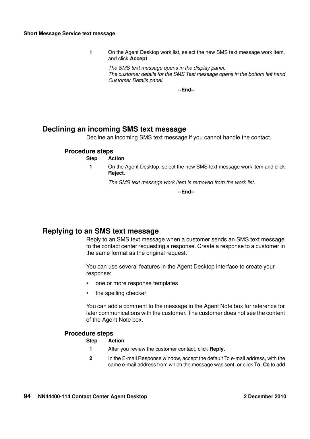 Avaya NN44400-114 manual Declining an incoming SMS text message, Replying to an SMS text message 