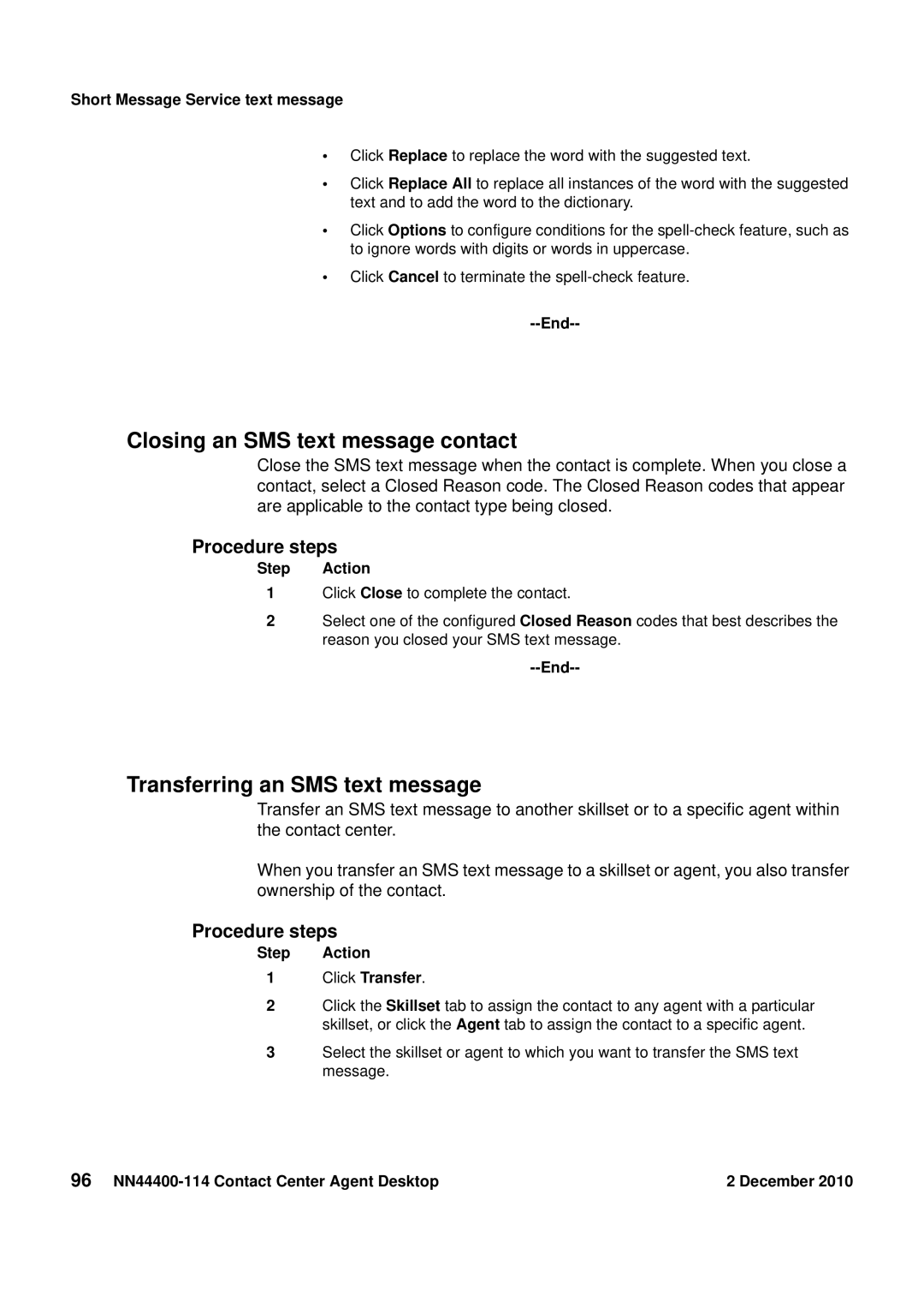 Avaya NN44400-114 manual Closing an SMS text message contact, Transferring an SMS text message 