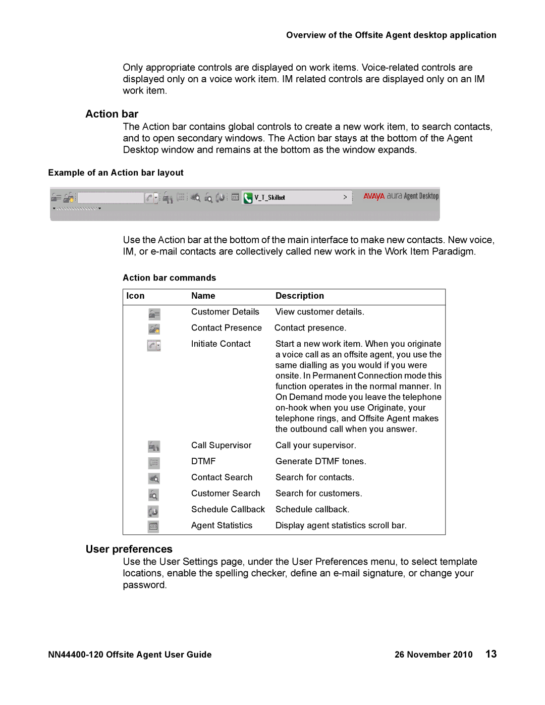 Avaya NN44400-120 manual Action bar, User preferences 