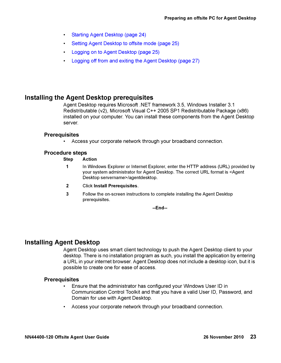 Avaya NN44400-120 Installing the Agent Desktop prerequisites, Installing Agent Desktop, Prerequisites, Procedure steps 