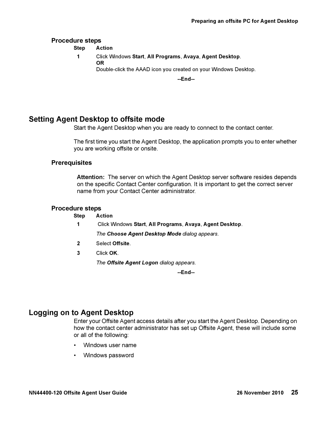 Avaya NN44400-120 manual Setting Agent Desktop to offsite mode, Logging on to Agent Desktop, Prerequisites Procedure steps 