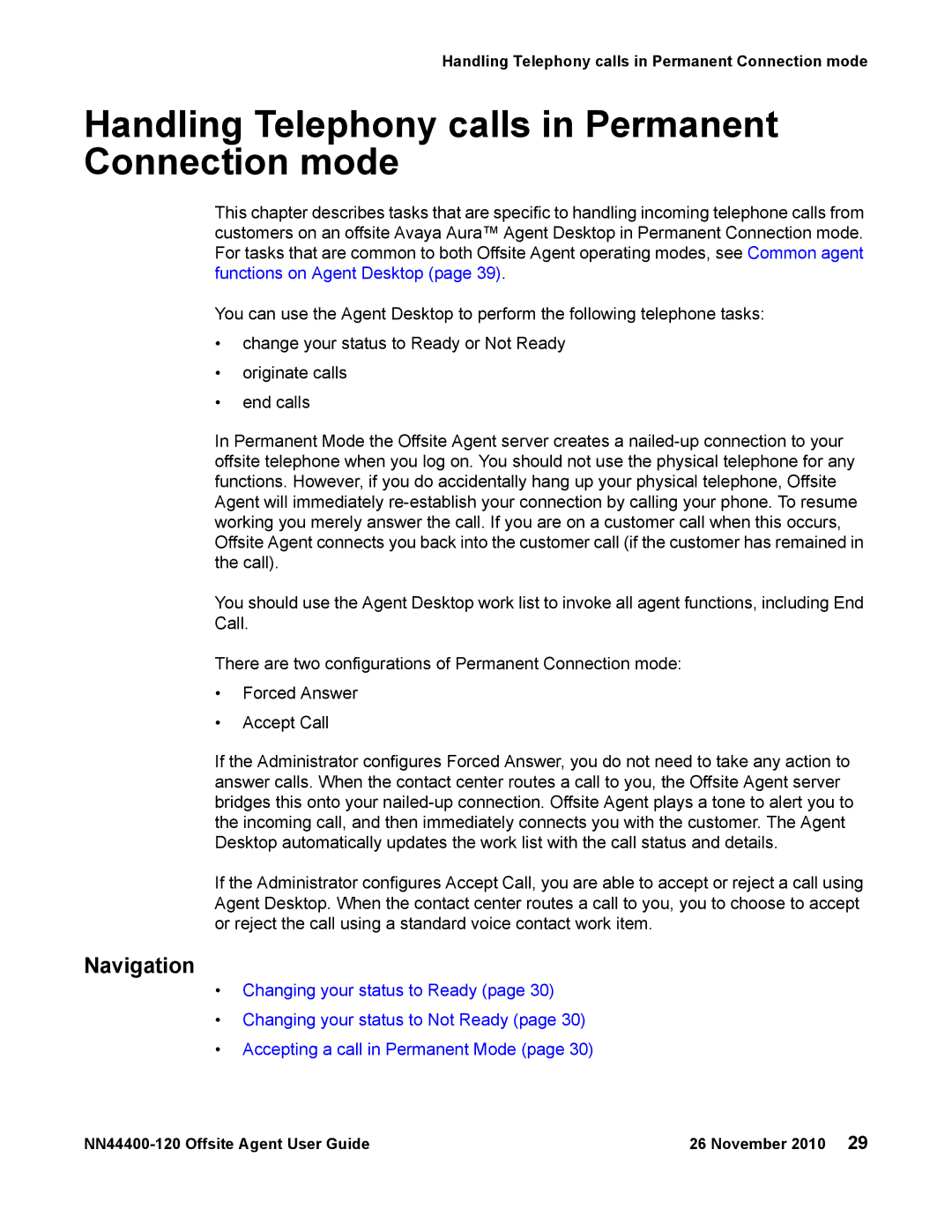 Avaya NN44400-120 manual Handling Telephony calls in Permanent Connection mode, Navigation 