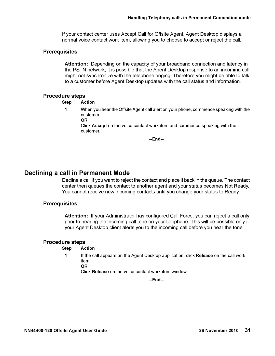 Avaya NN44400-120 manual Declining a call in Permanent Mode, Prerequisites Procedure steps 