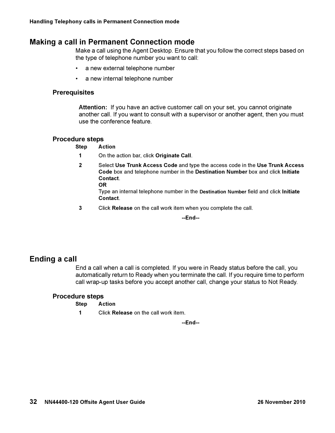 Avaya NN44400-120 manual Making a call in Permanent Connection mode, Ending a call 