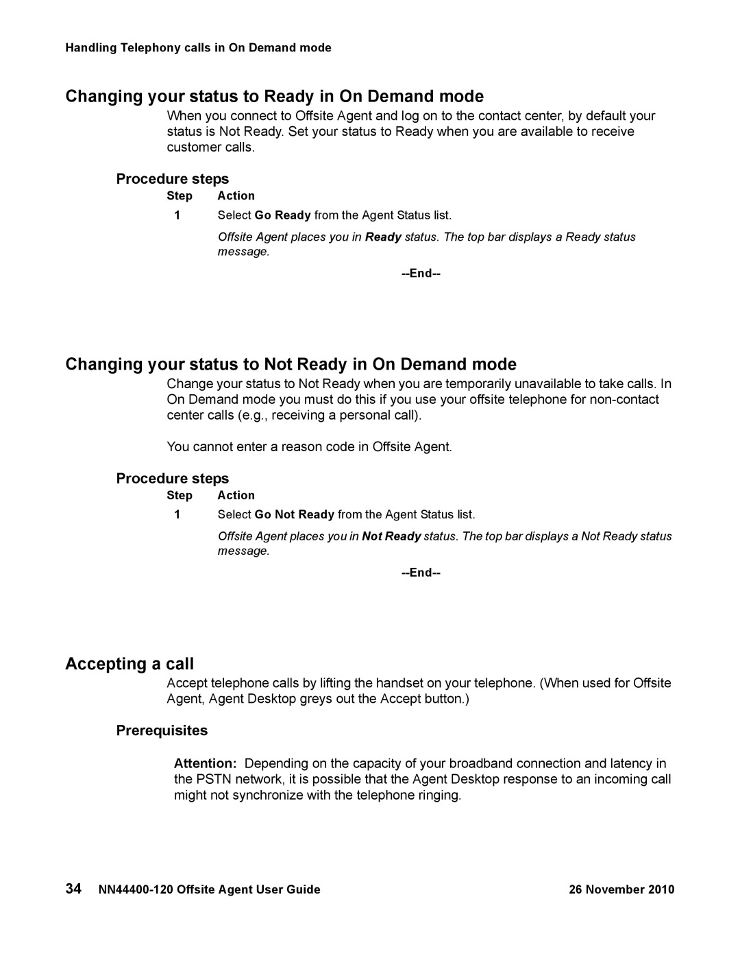 Avaya NN44400-120 Changing your status to Ready in On Demand mode, Changing your status to Not Ready in On Demand mode 