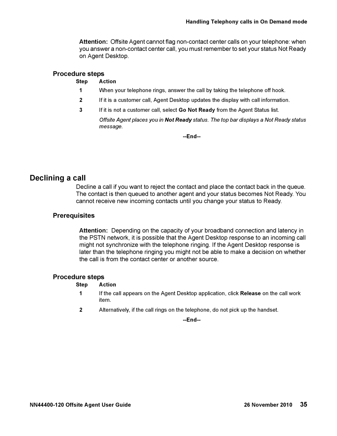 Avaya NN44400-120 manual Declining a call, Prerequisites Procedure steps 