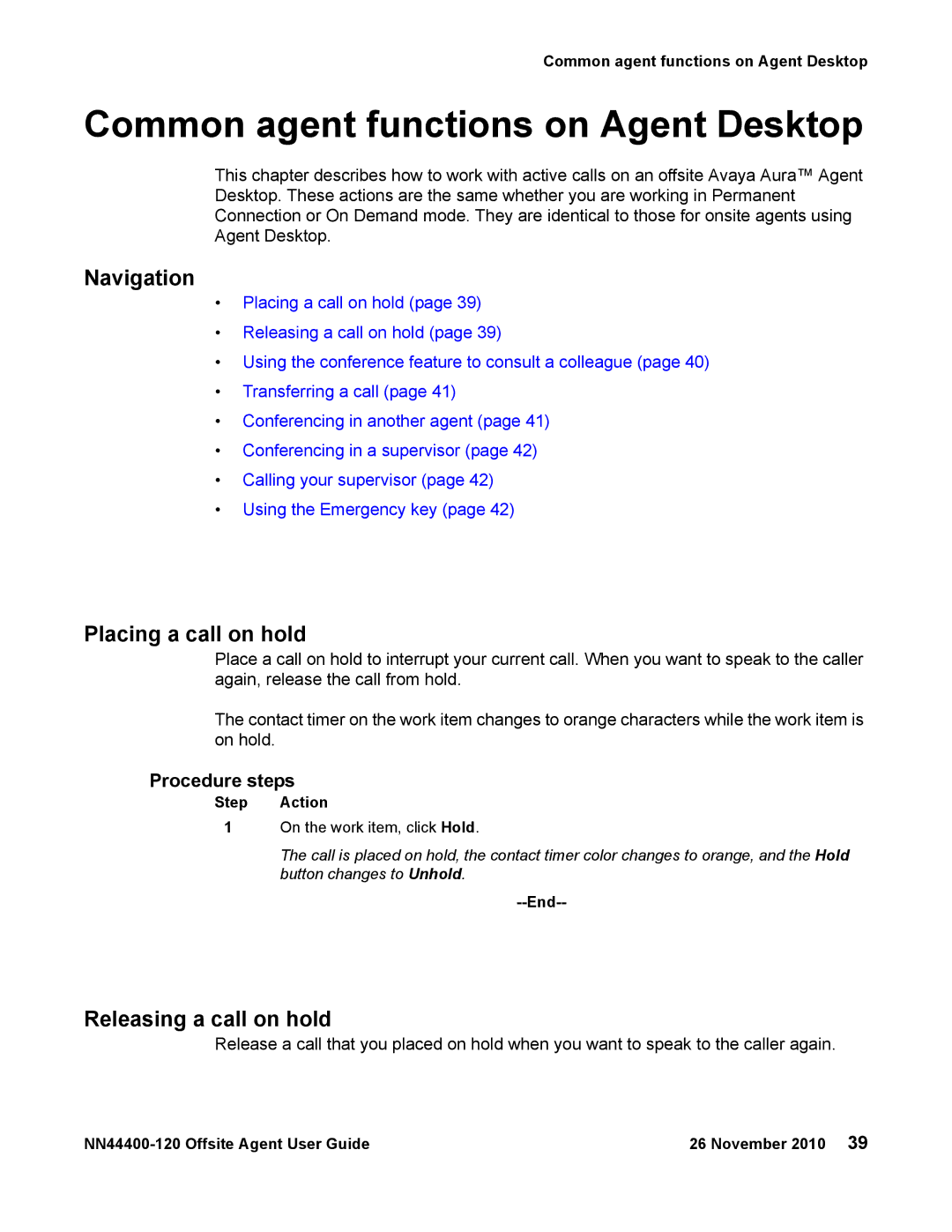 Avaya NN44400-120 manual Common agent functions on Agent Desktop, Placing a call on hold, Releasing a call on hold 