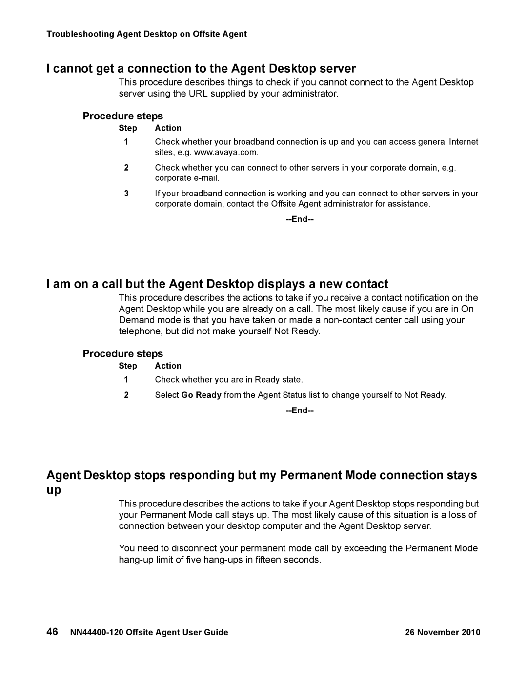 Avaya NN44400-120 manual Cannot get a connection to the Agent Desktop server 