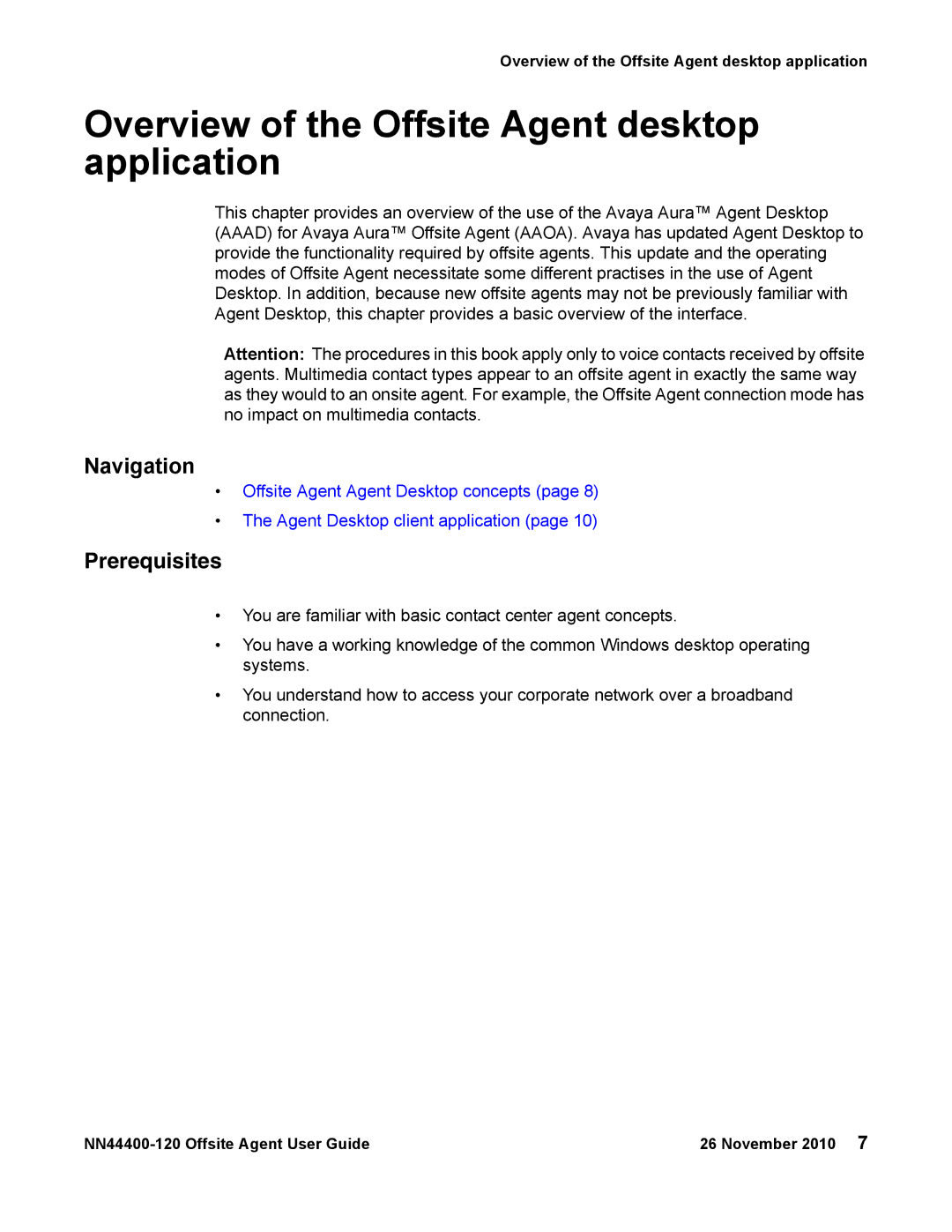 Avaya NN44400-120 manual Overview of the Offsite Agent desktop application, Navigation, Prerequisites 