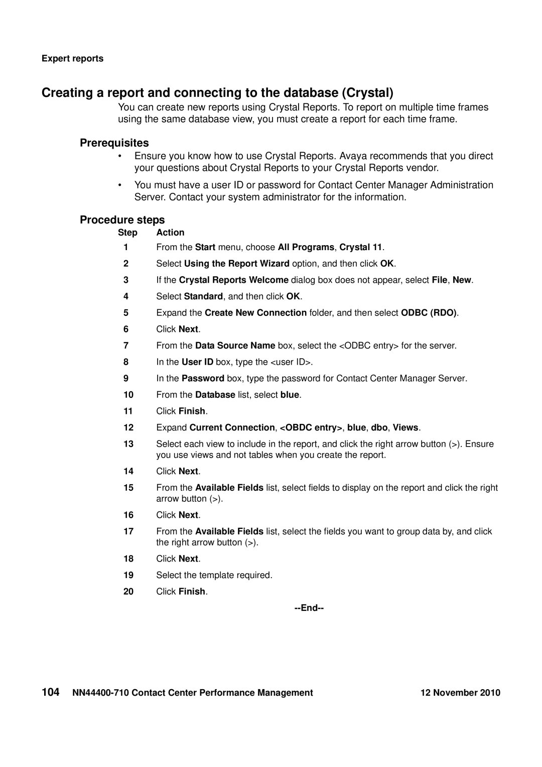 Avaya NN44400-710 manual Creating a report and connecting to the database Crystal 