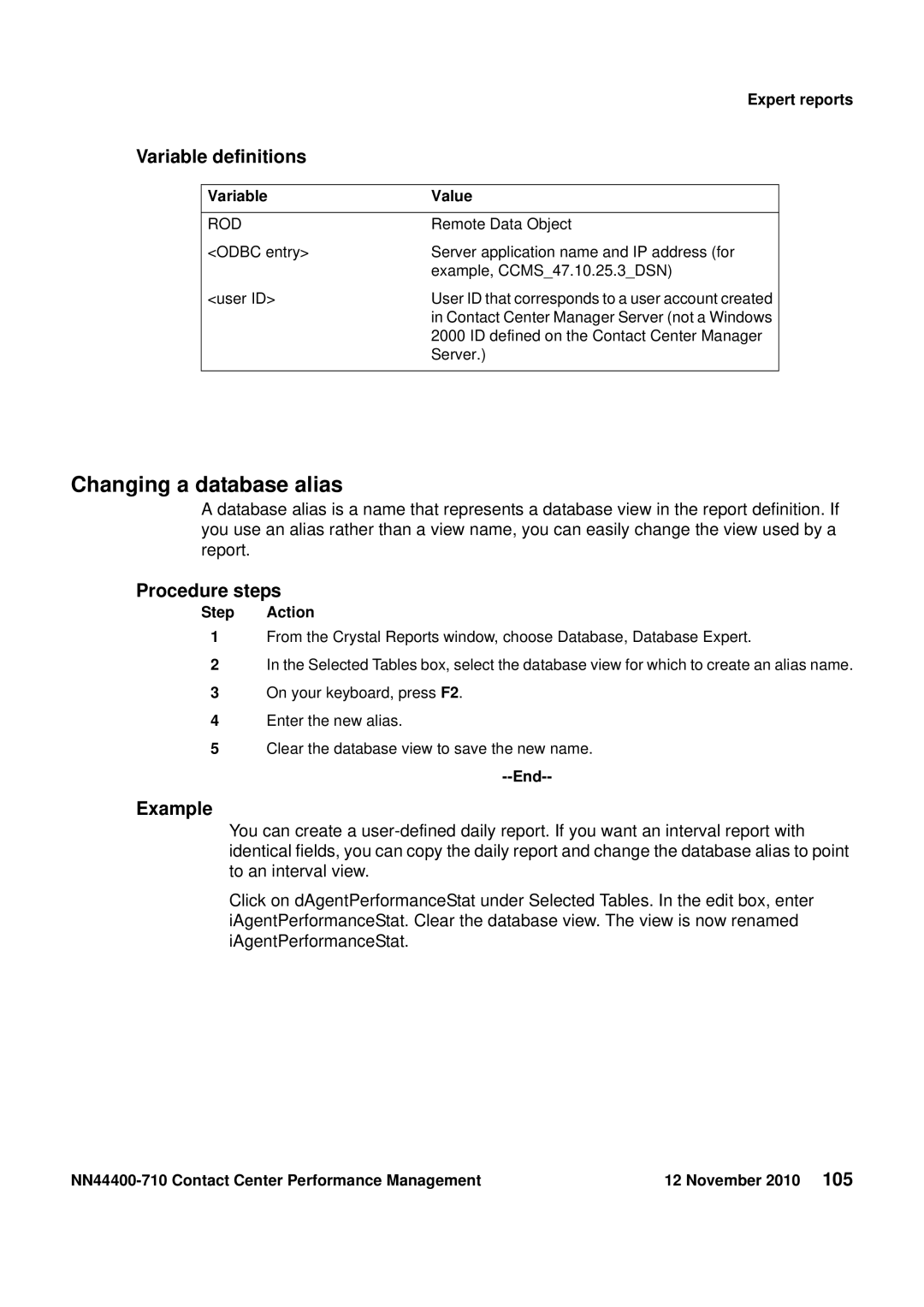 Avaya NN44400-710 manual Changing a database alias, Variable Value 