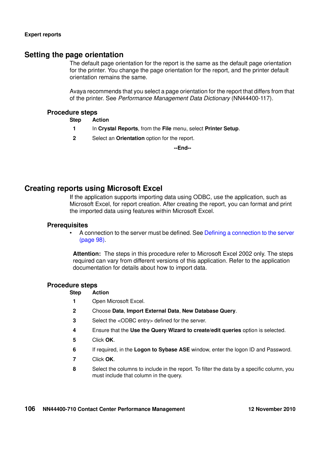 Avaya NN44400-710 manual Setting the page orientation, Creating reports using Microsoft Excel 