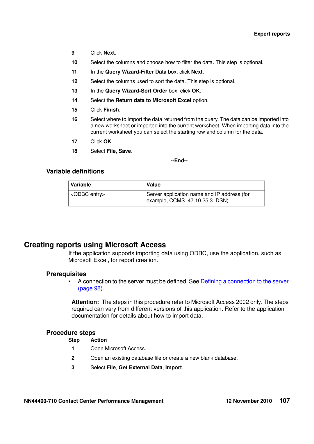 Avaya NN44400-710 manual Creating reports using Microsoft Access, Query Wizard-Filter Data box, click Next 