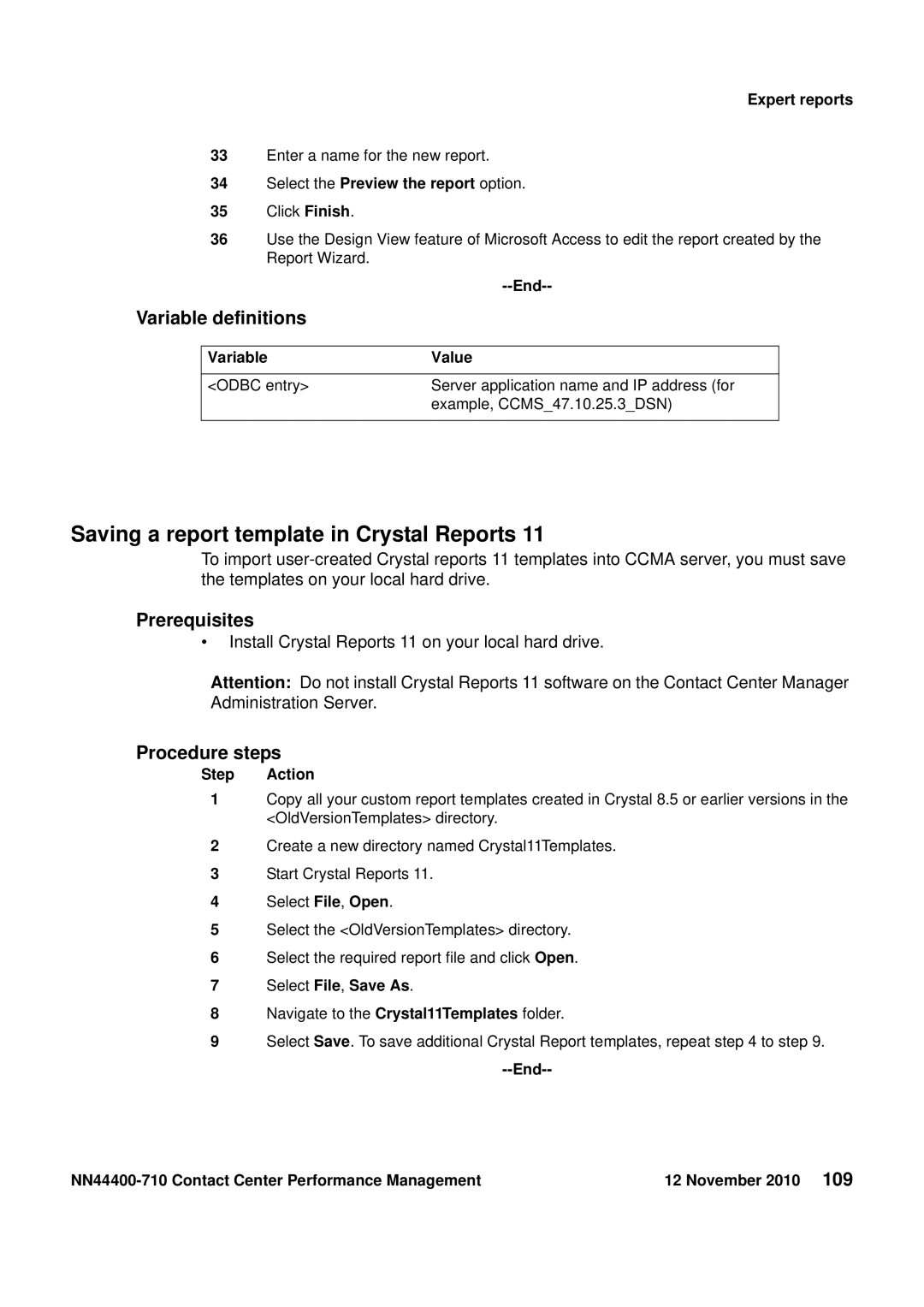 Avaya NN44400-710 Saving a report template in Crystal Reports, Select the Preview the report option, Select File, Save As 