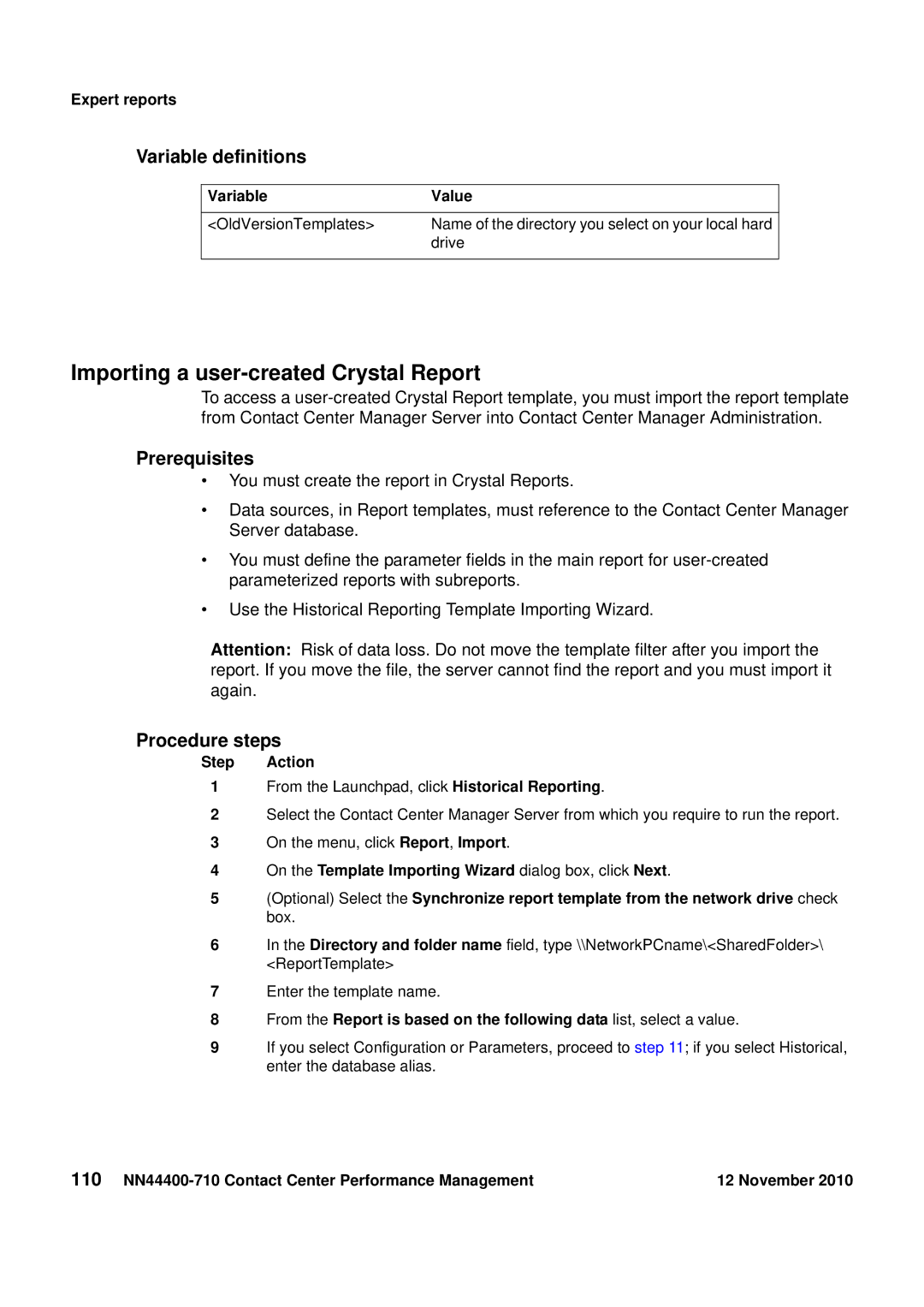 Avaya NN44400-710 manual Importing a user-created Crystal Report, Variable Value 